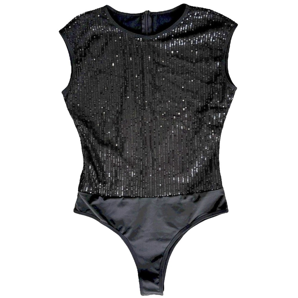 New Black Sequined Bodysuit Medium Snap Closure Club Holiday‎ Glam Bling Sparkle